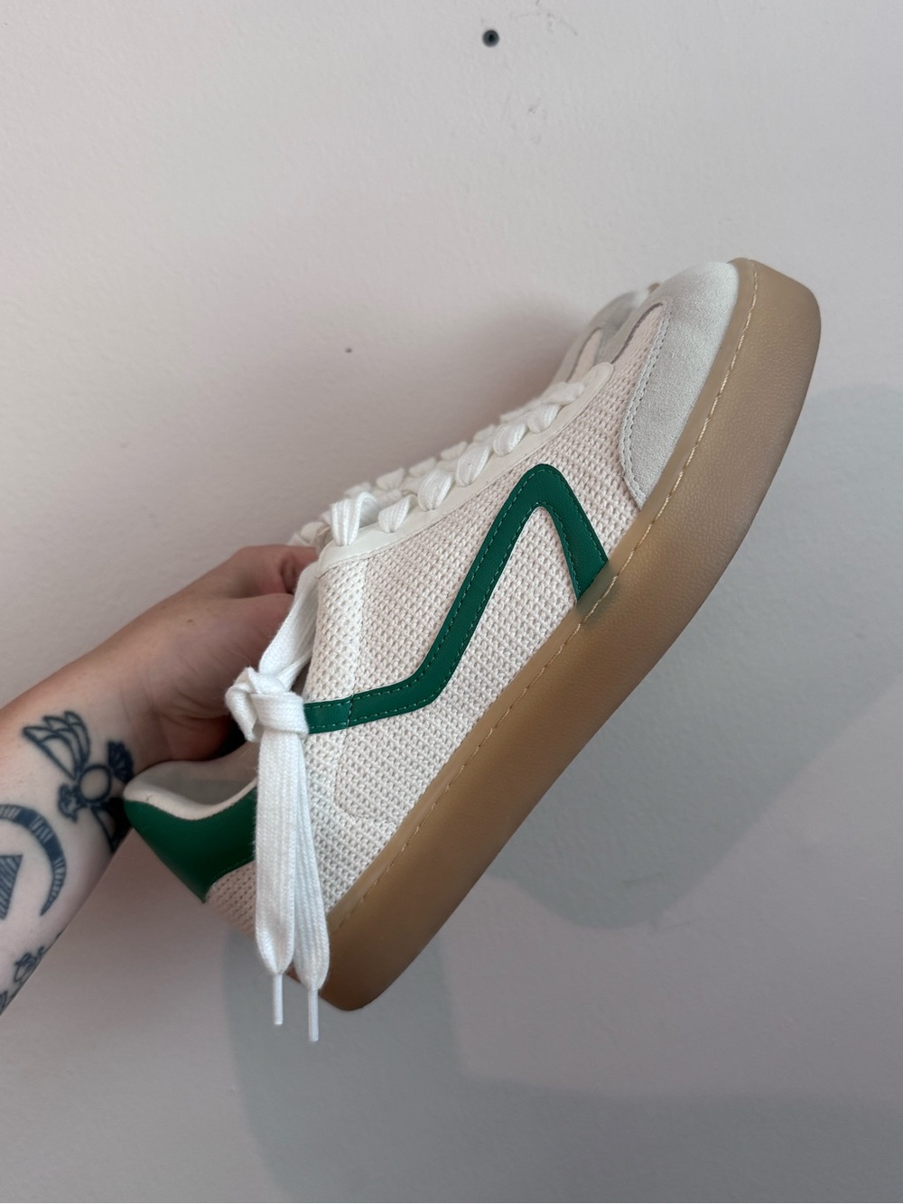 Steve Madden White Mesh Sneakers with Green Accent and Gum Sole
